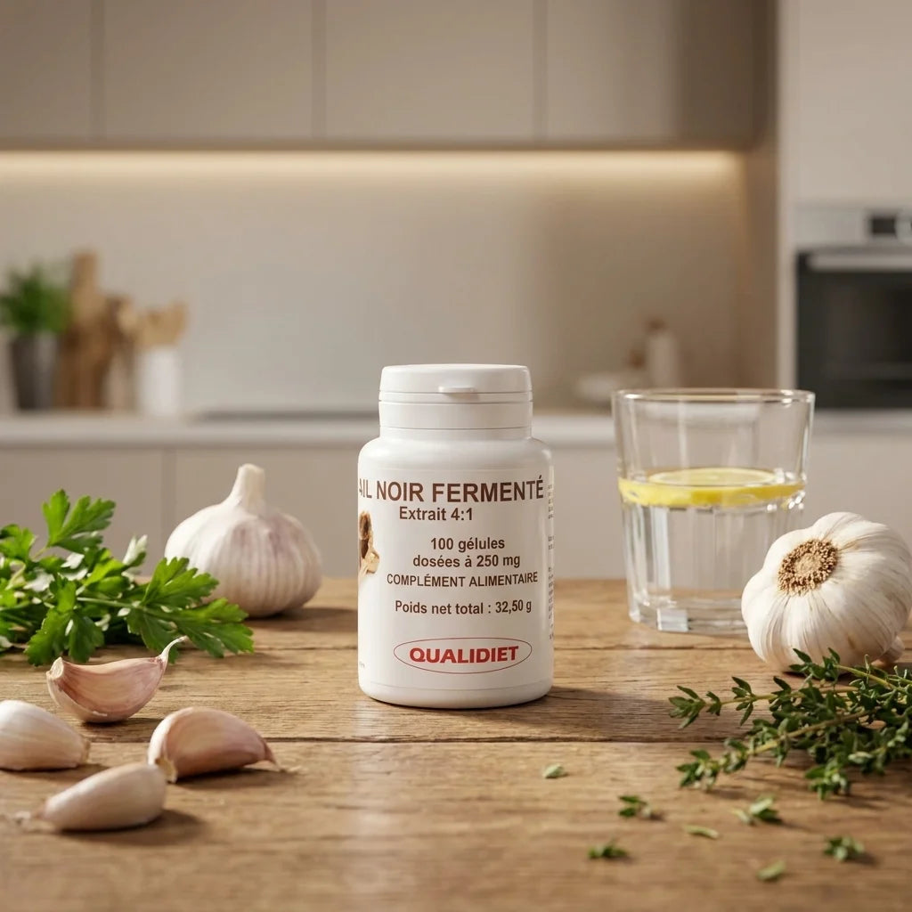 Ail noir fermenté extrait 100 gélules Vital Osmose avec gousses d'ail frais sur bois
