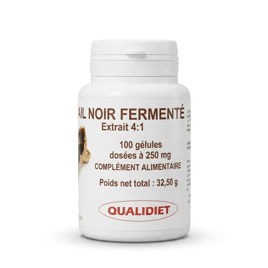 Bouteille de gélules ail noir fermenté extrait 100 capsules Vital Osmose fond blanc