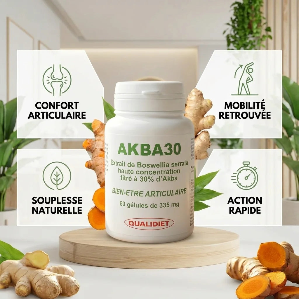Bouteille AKBA30 gélules avec bénéfices : confort articulaire, mobilité et souplesse naturelle