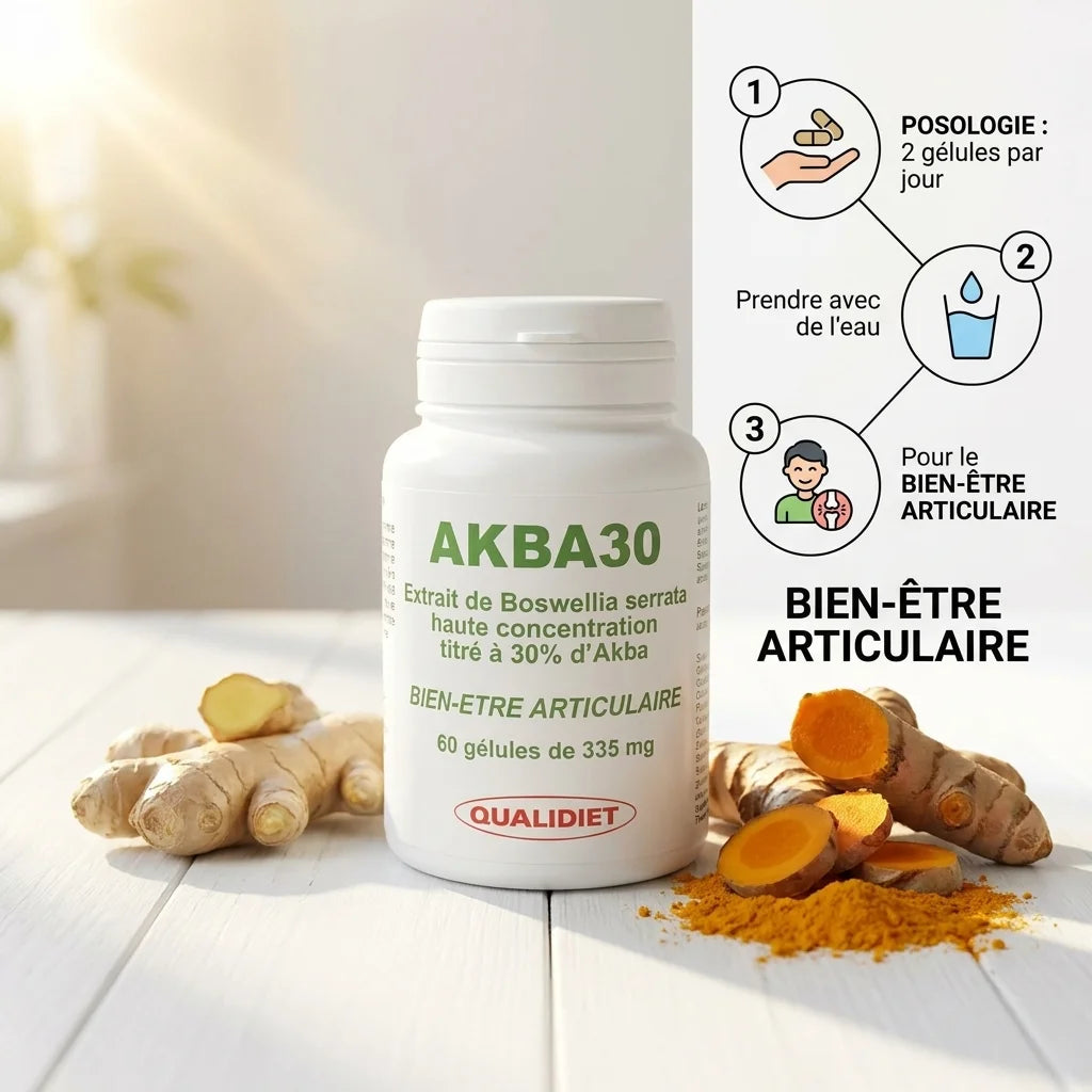AKBA30 gélules Qualidiet pour bien-être articulaire, posologie 2 gélules par jour avec gingembre et curcuma