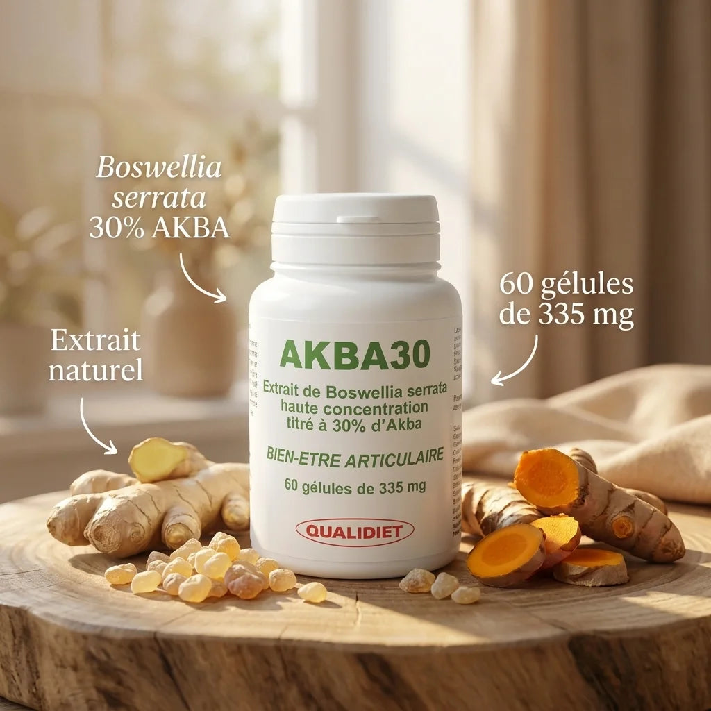 AKBA30 gélules Qualidiet avec Boswellia serrata, gingembre et curcuma sur surface bois