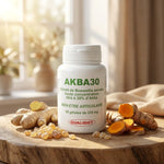 Flacon AKBA30 Boswellia serrata gélules avec gingembre et curcuma sur surface bois