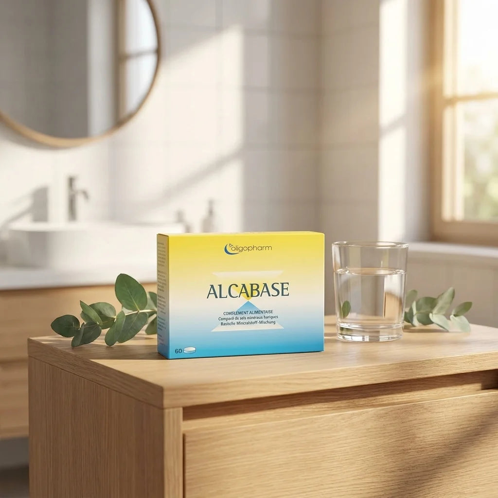 Alcabase 60 comprimés Dr Theiss avec verre d'eau et feuilles vertes, ambiance wellness minimaliste