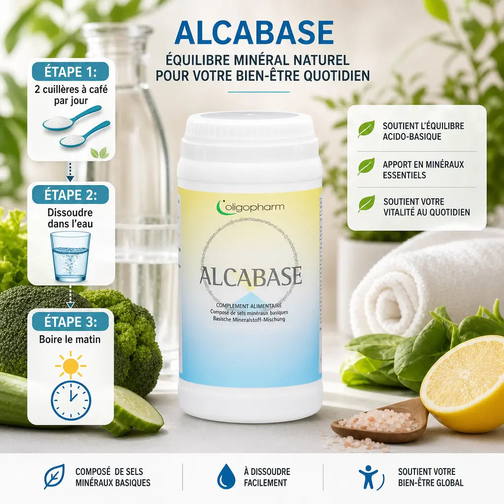 Alcabase poudre Dr Theiss avec mode d'emploi, ingrédients frais et verre d'eau pour équilibre minéral naturel