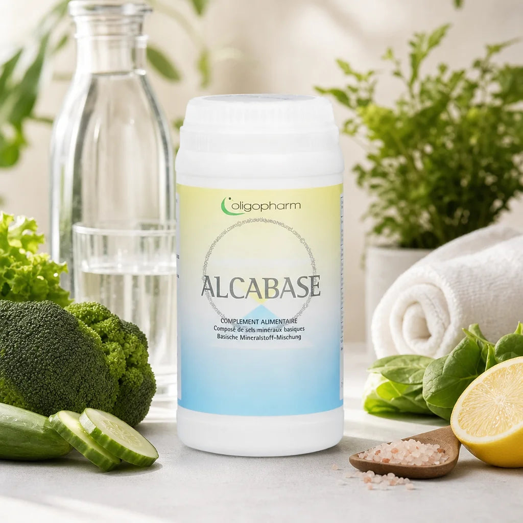 Alcabase poudre Dr Theiss entouré de légumes verts et eau minérale pour la santé