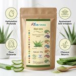 Aloe Vera poudre bio Ayurvana - Infographie bénéfices hydratation, apaisement, éclat peau et cheveux