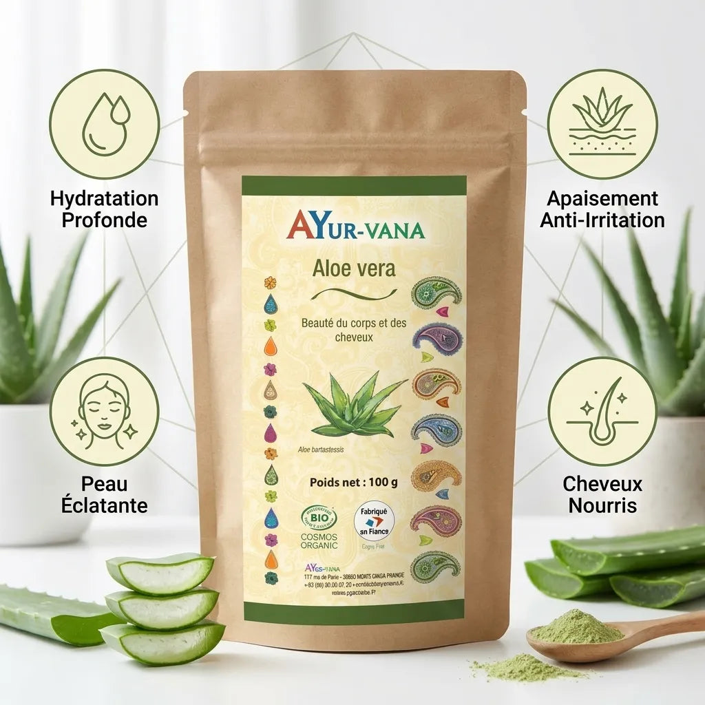 Aloe Vera poudre bio Ayurvana - Infographie bénéfices hydratation, apaisement, éclat peau et cheveux