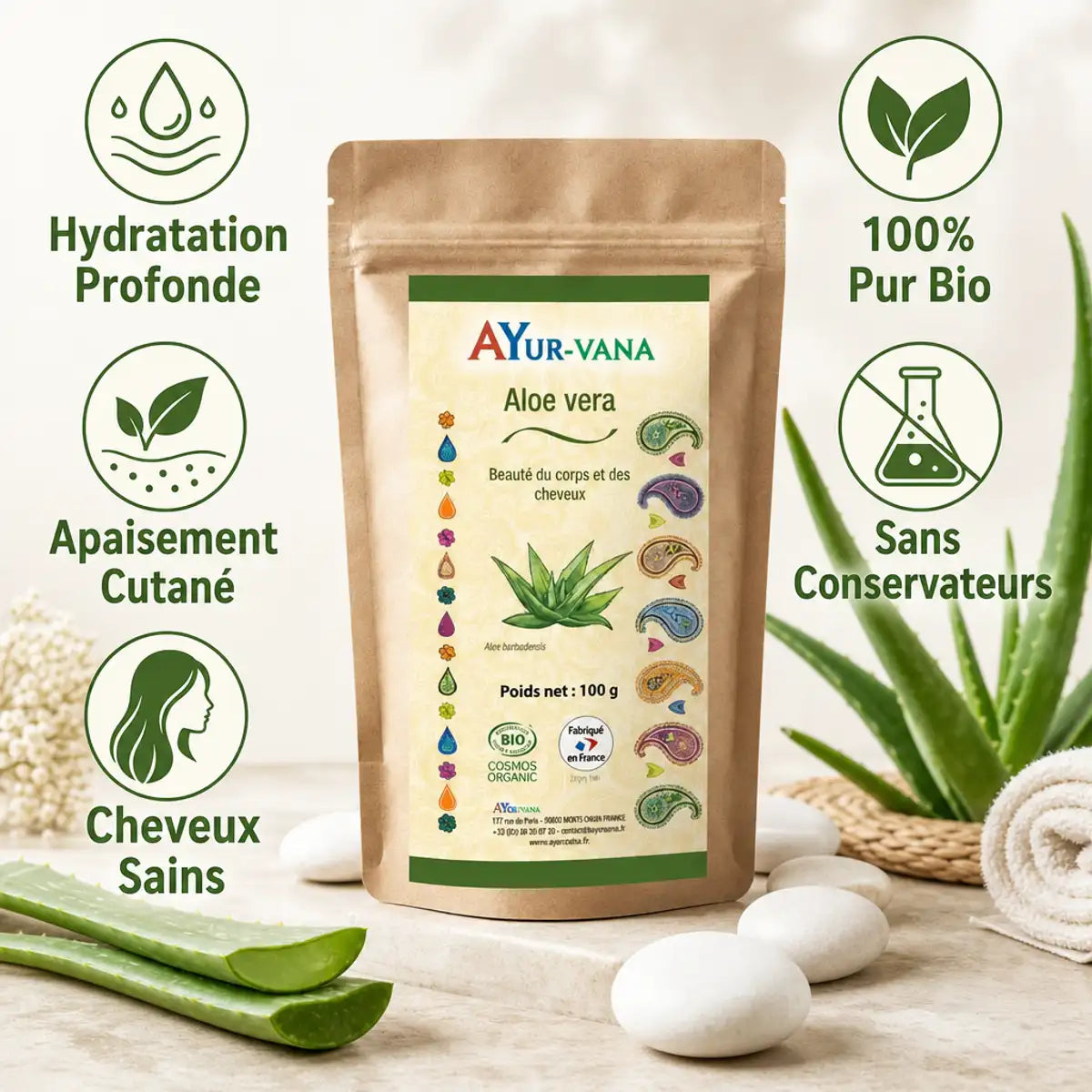 Aloe Vera poudre bio Ayurvana - Bénéfices hydratation, apaisement cutané et cheveux sains