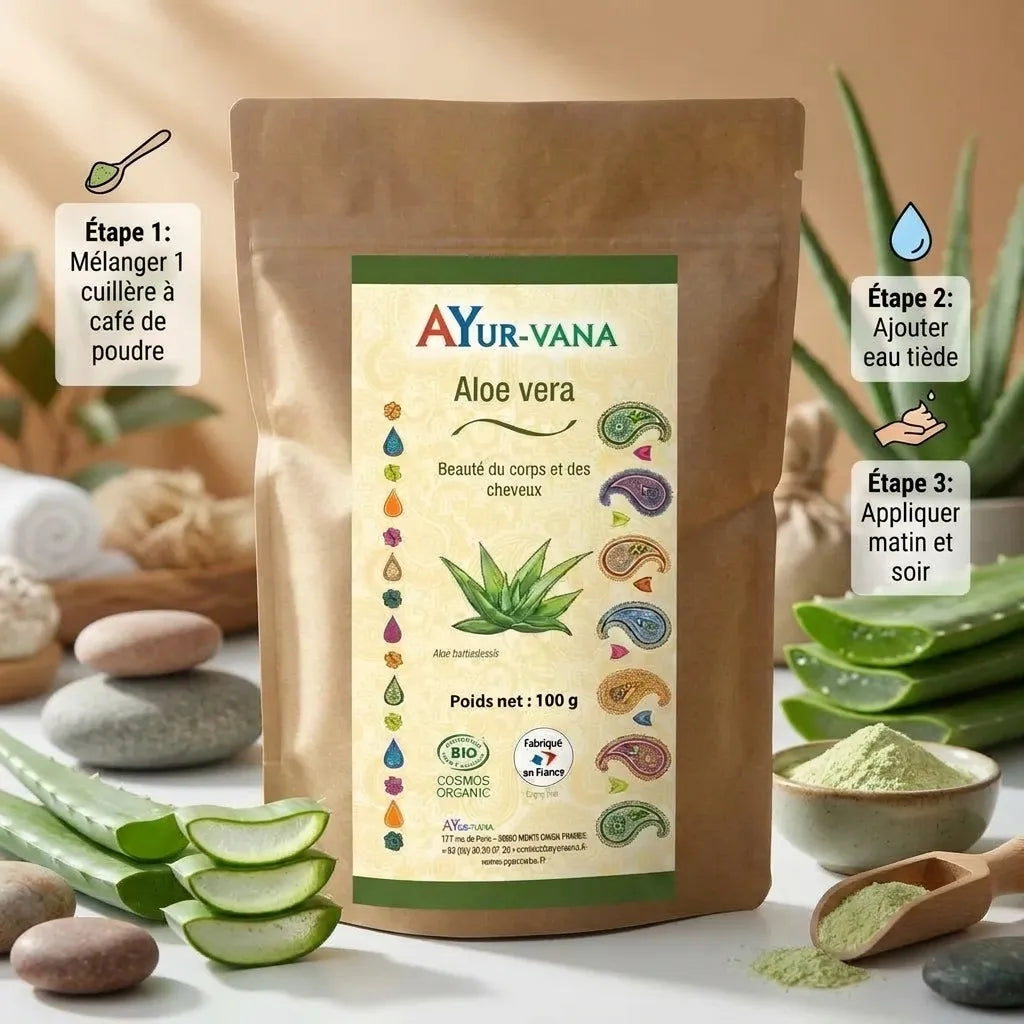 Poudre Aloe Vera bio Ayur-vana 100g avec mode d'emploi et ingrédients naturels