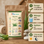 Aloe vera poudre bio Ayurvana avec guide d'utilisation 4 étapes dosage application matin soir