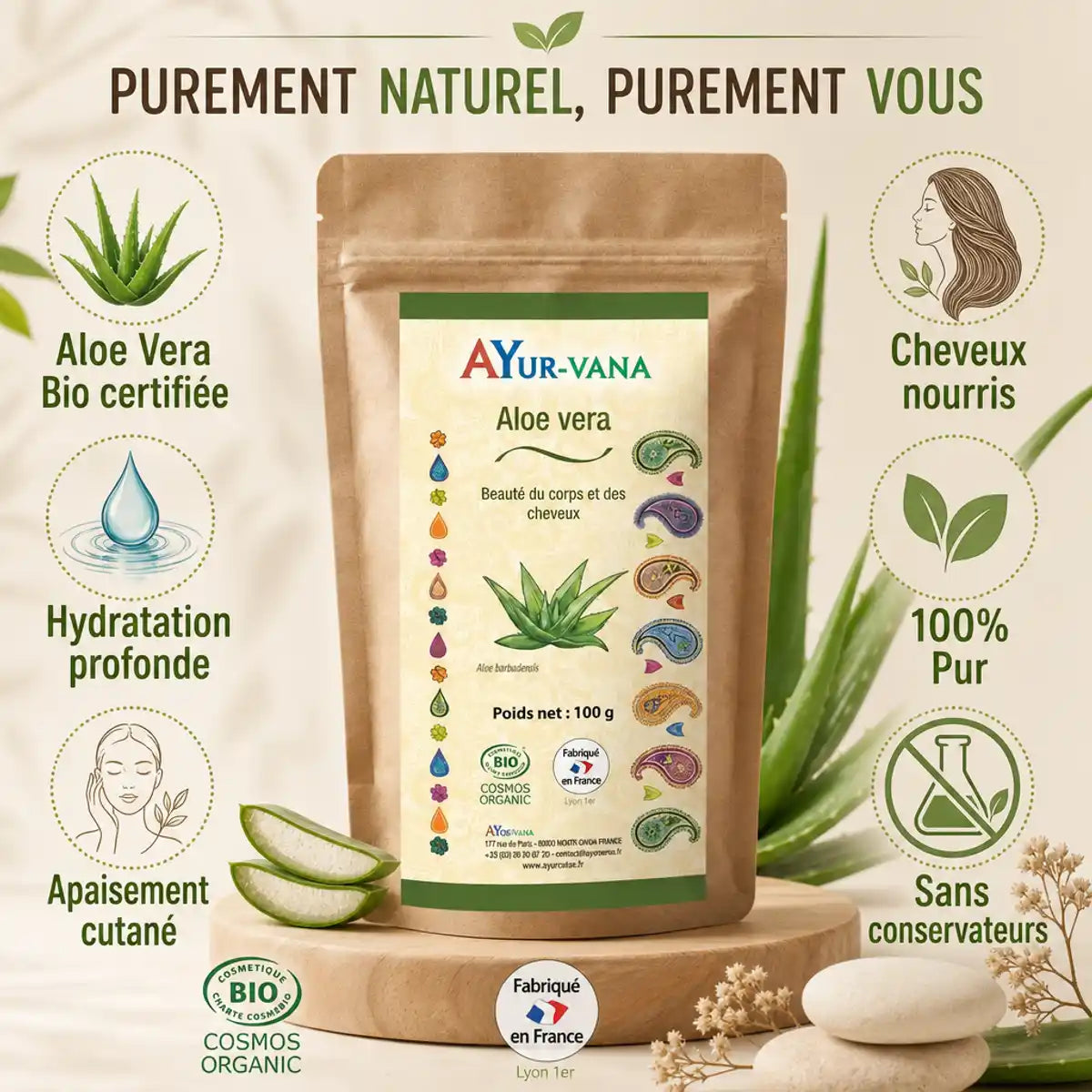 Poudre Aloe Vera bio Ayurvana certifiée avec ingrédients, bénéfices et feuilles d'aloe vera authentiques
