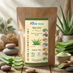 Aloe Vera poudre bio Ayurvana avec feuilles fraîches et accessoires spa naturels