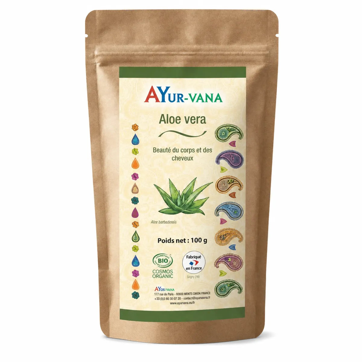 Aloe Vera poudre bio certifié Cosmos - Sachet kraft Ayurvana 100g