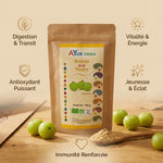 Amalaki Bio poudre Ayurvana 150g - Infographie bienfaits digestion, vitalité, antioxydant, immunité