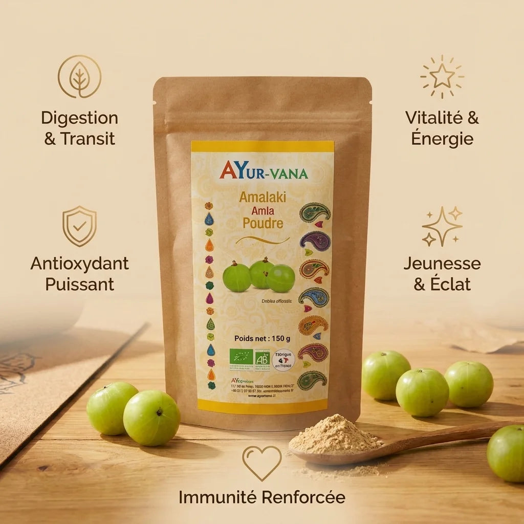 Amalaki Bio poudre Ayurvana 150g - Infographie bienfaits digestion, vitalité, antioxydant, immunité