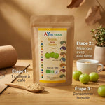 Amalaki Bio poudre Ayurvana - Guide posologie 3 étapes avec amla frais et cuillère mesure
