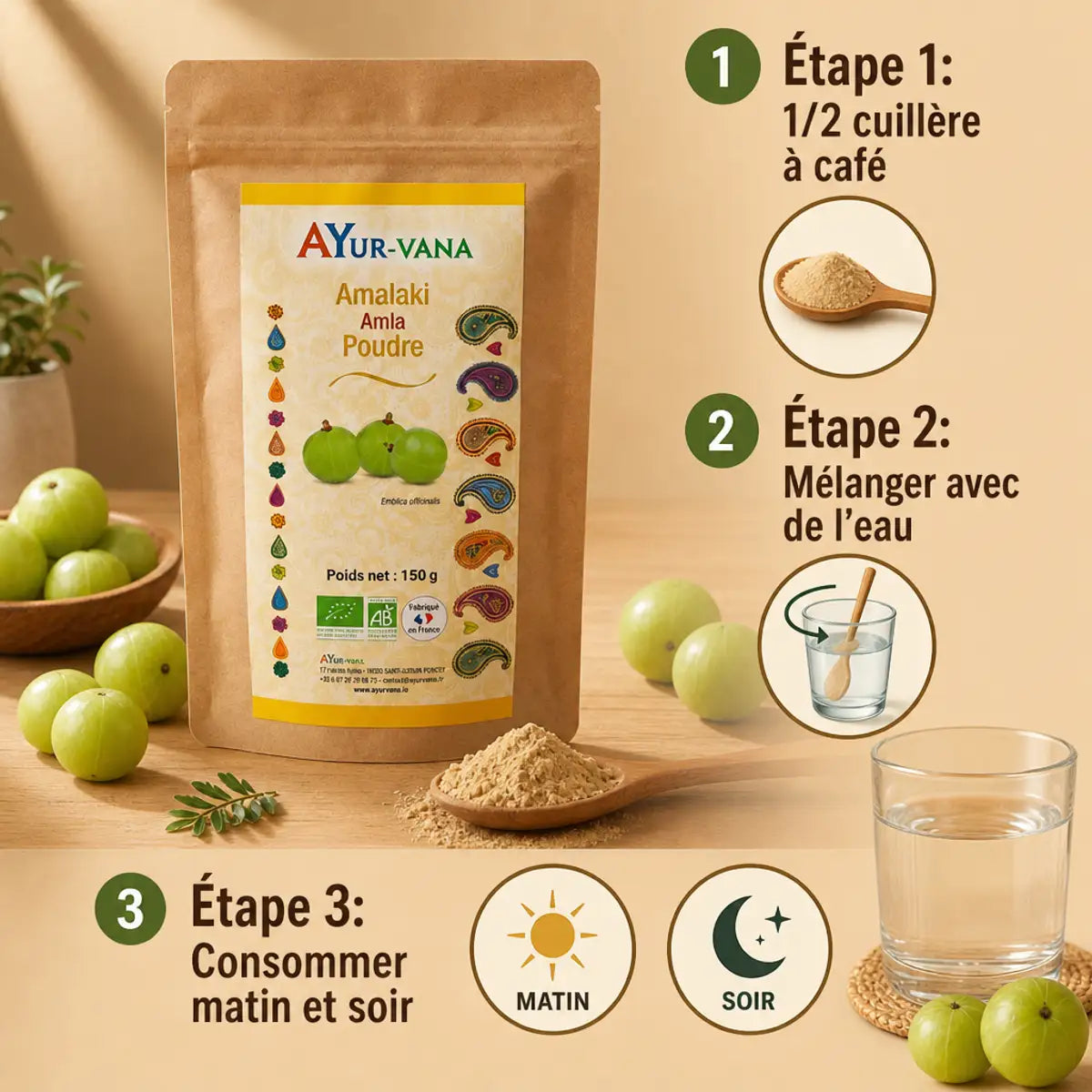 Amalaki Bio poudre Ayurvana 150g avec guide d'utilisation et fruits amla frais
