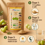 Amalaki Bio poudre Ayurvana 150g avec guide d'utilisation et fruits amla frais