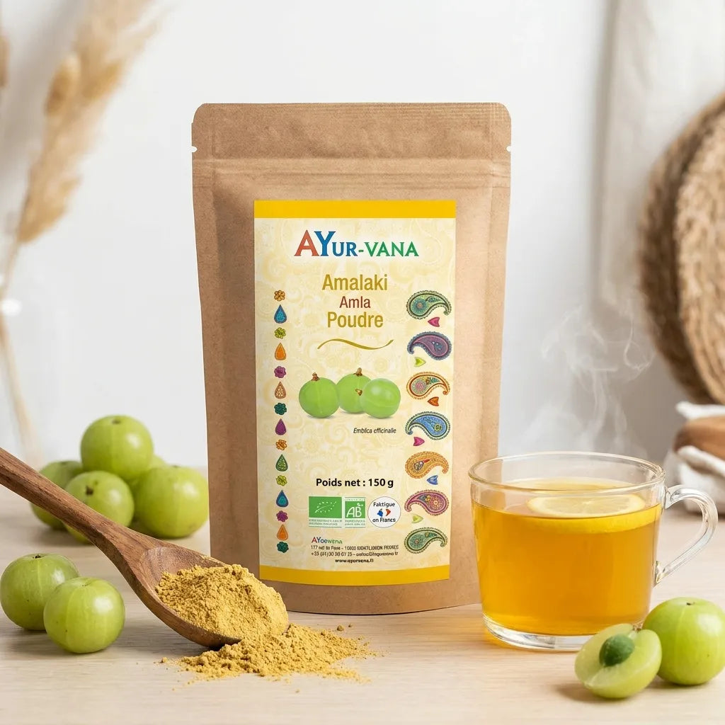 Poudre Amalaki Bio Ayurvana en sachet kraft avec fruits amla frais et cuillère en bois