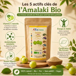 Amalaki Bio en poudre Ayurvana avec fruits amla et infographie des bénéfices nutritionnels