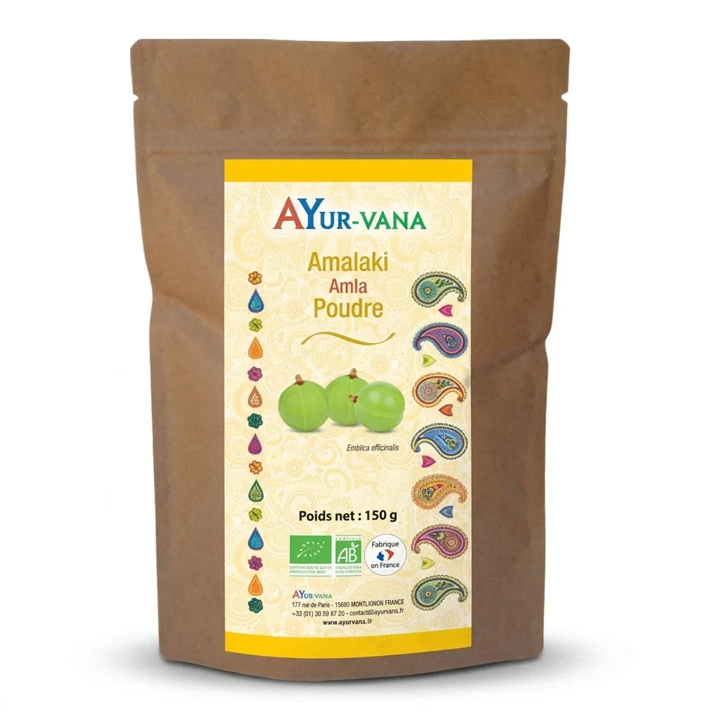 Amalaki Bio poudre Ayurvana en sachet kraft avec étiquette jaune, fond blanc