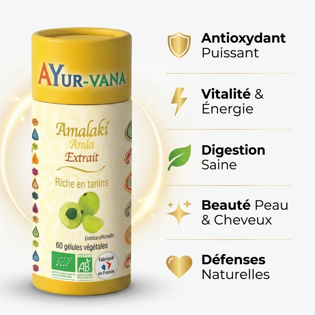 Amalaki bio Ayurvana gélules antioxydant avec bénéfices vitalité, digestion, beauté et défenses