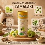 Gélules Amalaki bio Ayurvana avec emballage jaune-crème, fruits amla frais et ingrédients naturels