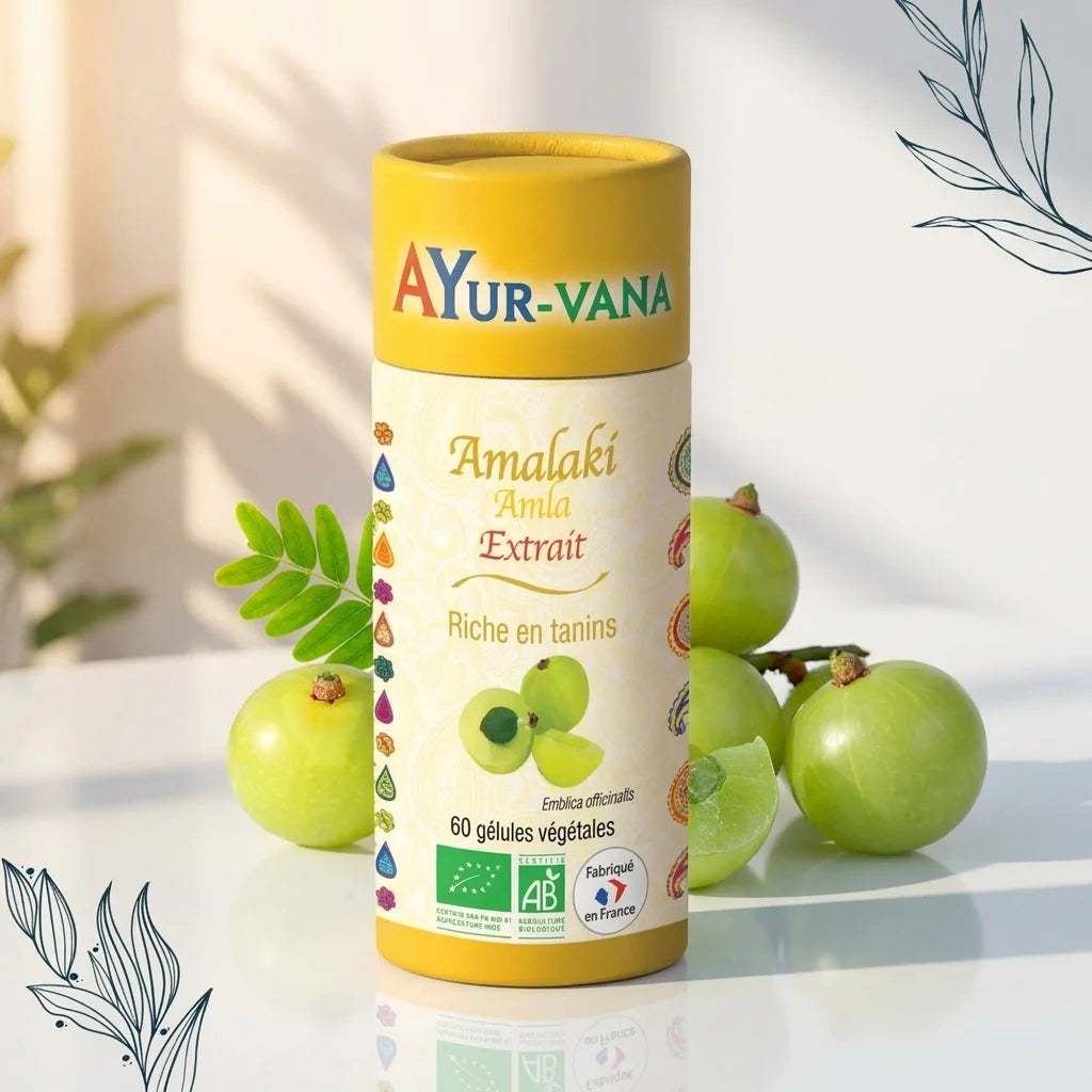 Amalaki bio en gélules Ayurvana avec fruits amla frais et feuillage vert