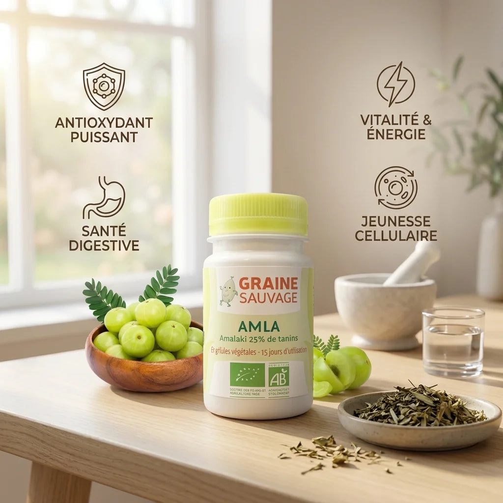 Amla bio en gélules Graine Sauvage avec bénéfices : antioxydant, digestif, énergie, jeunesse cellulaire