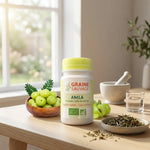 Gélules Amla bio vegan Graine Sauvage avec fruits frais et feuilles séchées sur un bureau wellness