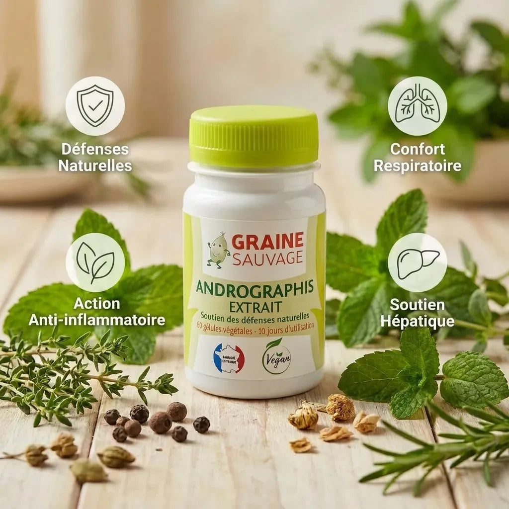 Flacon extrait Andrographis en gélules avec bénéfices : défenses naturelles, confort respiratoire, action anti-inflammatoire