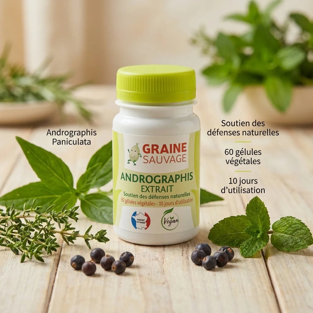 Flacon Andrographis extrait en gélules avec ingrédients naturels et certifications biologiques