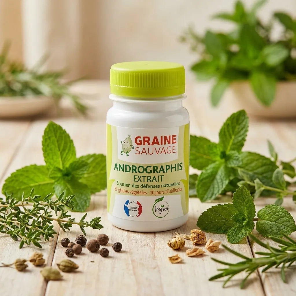 Graine Sauvage Andrographis en gélules avec herbes fraîches sur bois naturel