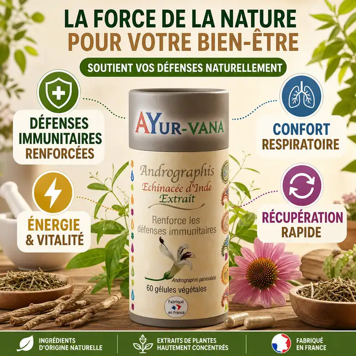 Andrographis Extrait Vegan 60 gélules Ayur-vana avec bénéfices santé immunité et énergie