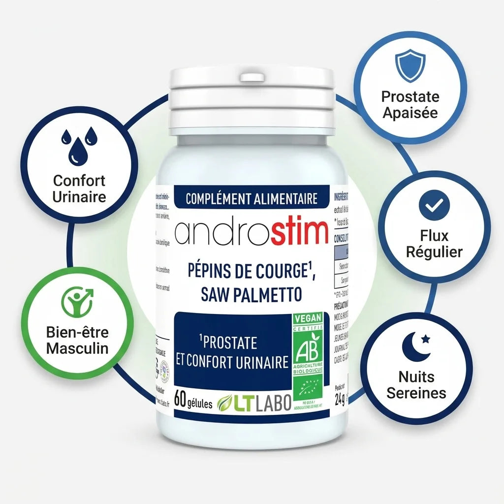 Androstim Bio gélules avec infographie des 5 bénéfices : confort urinaire, prostate apaisée, flux régulier, nuits sereines