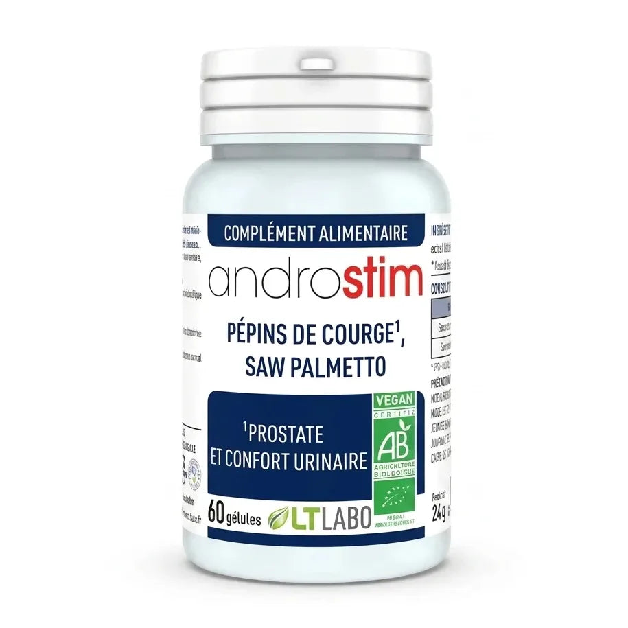 Flacon Androstim Bio gélules LT Labo, complément alimentaire vegan 60 capsules sur fond blanc