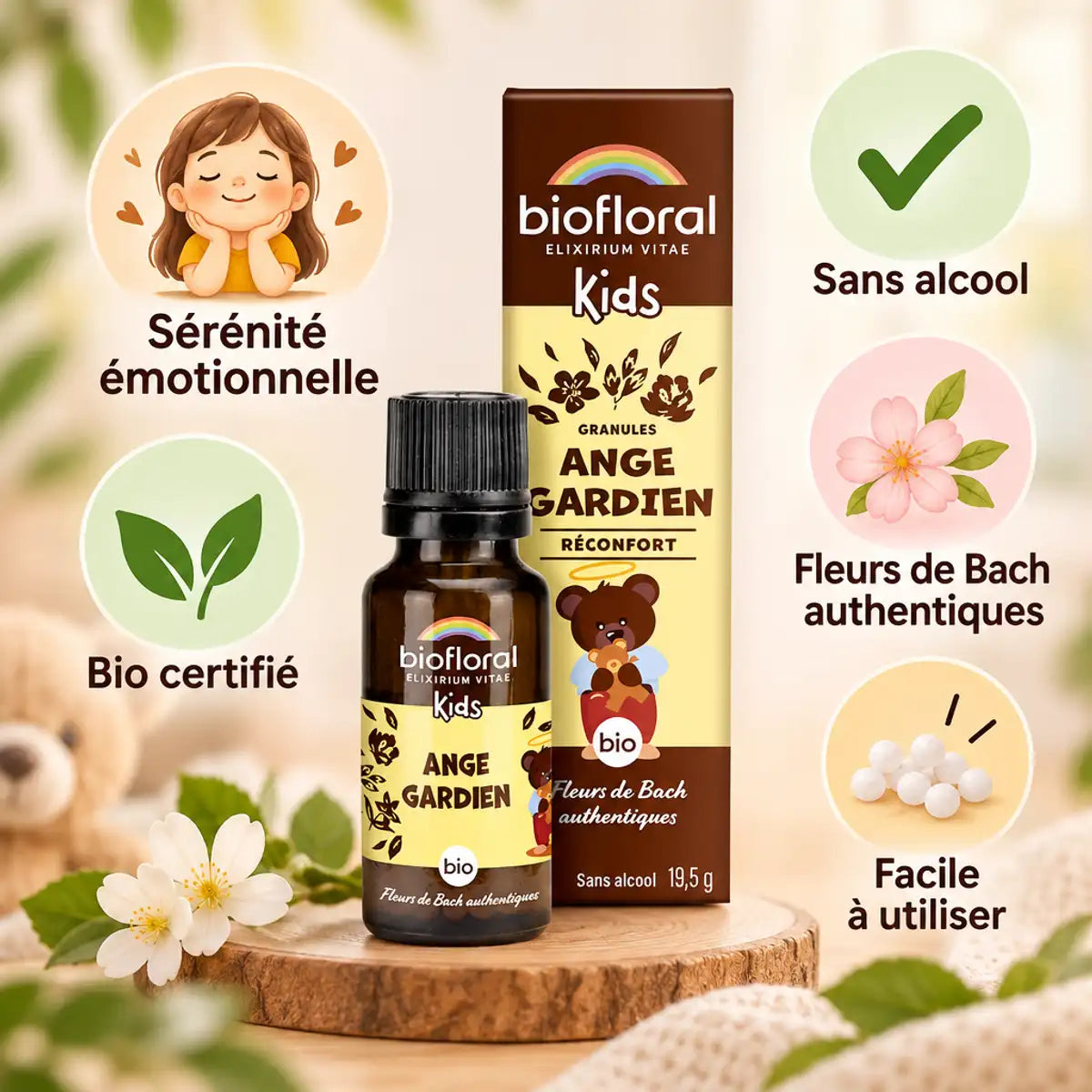 Ange Gardien Bio granules enfants Biofloral avec bénéfices : sérénité, sans alcool, bio certifié