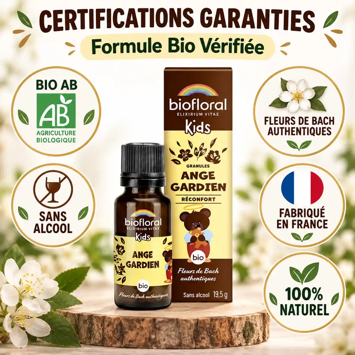 Ange Gardien Biofloral granules enfants 19,5g avec certifications bio et Bach flowers authentiques