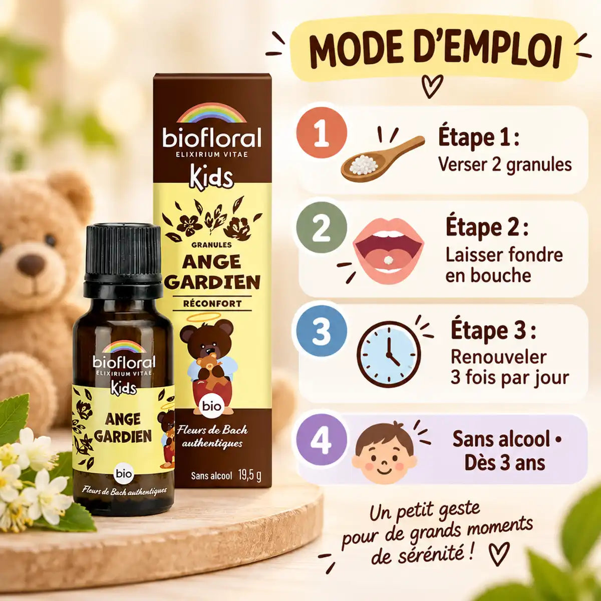 Ange gardien Biofloral granules enfants 19,5g - Mode d'emploi dosage 2 granules 3 fois jour
