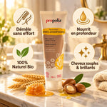 Après-shampoing bio Propolia miel argan blé sur marbre avec bénéfices démêlage nutrition naturel brillance