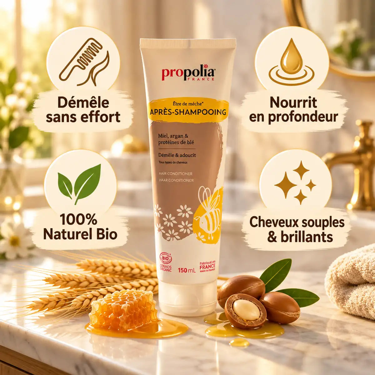 Après-shampoing bio Propolia miel argan blé sur marbre avec bénéfices démêlage nutrition naturel brillance