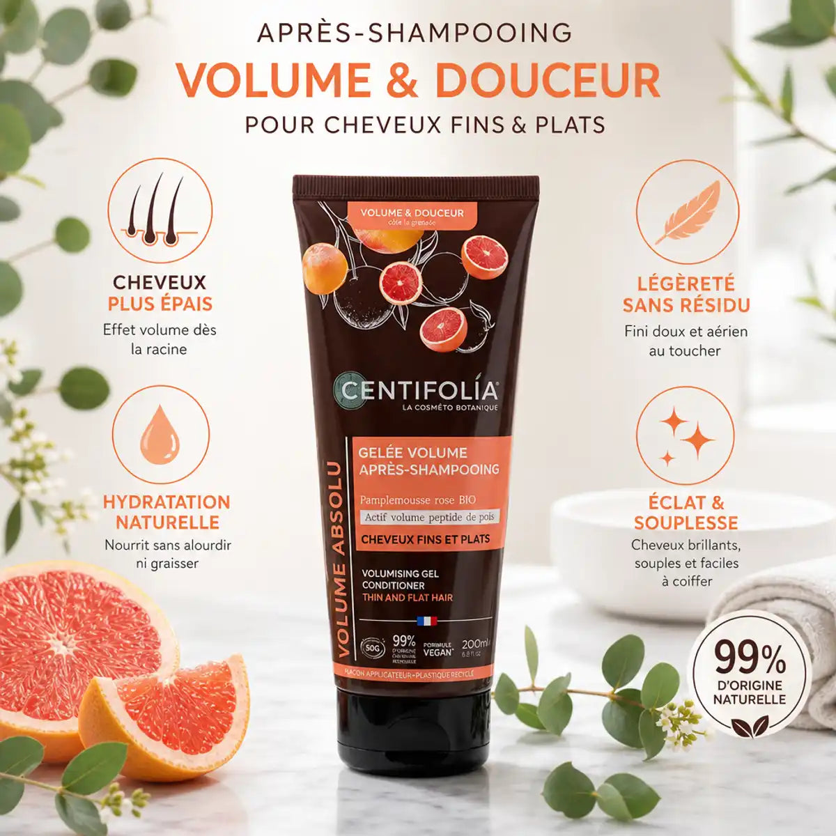 Après-Shampoing Volume Centifolia bio avec bénéfices, ingrédients naturels et certification