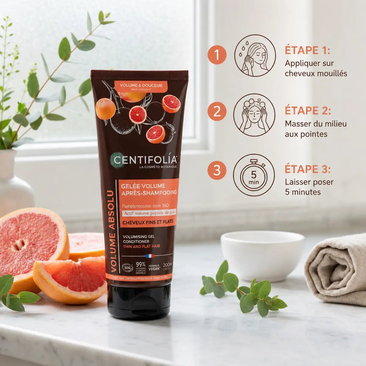 Après-shampoing volume bio Centifolia avec mode d'emploi et ingrédients naturels sur marbre