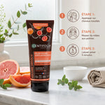 Après-shampoing volume bio Centifolia avec mode d'emploi et ingrédients naturels sur marbre