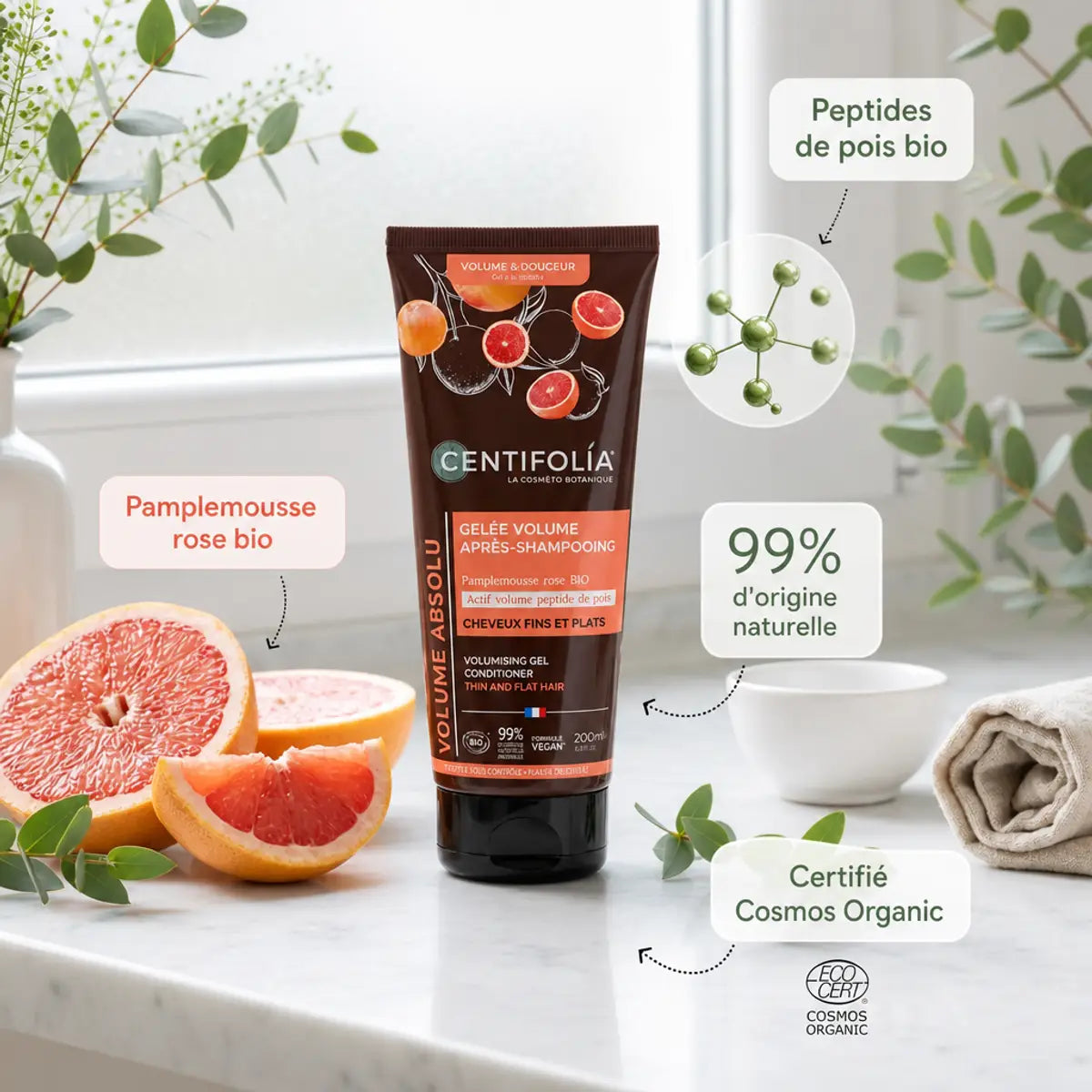Après-Shampoing Volume bio Centifolia avec pamplemousse rose et peptides de pois certifiés Cosmos Organic
