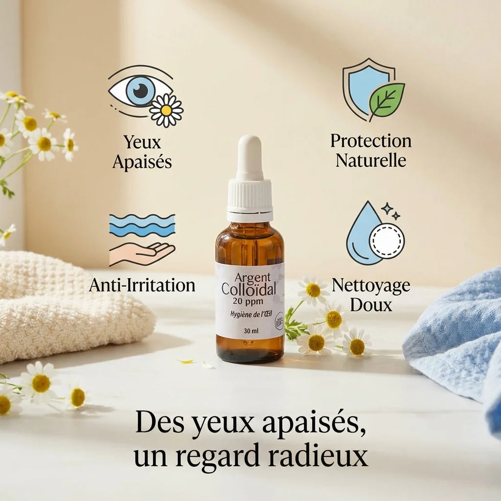 Argent Colloïdal 20ppm Dr. Theiss - flacon avec compte-gouttes, icônes bénéfices yeux apaisés et protection naturelle
