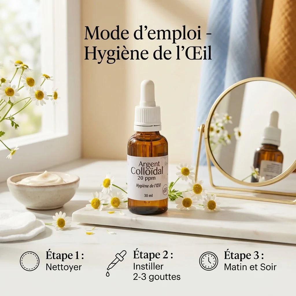 Argent Colloïdal 20ppm Dr. Theiss - Mode d'emploi hygiène de l'œil avec étapes d'application
