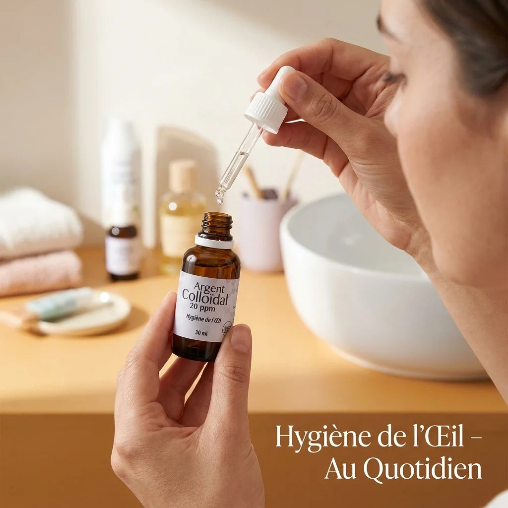 Femme appliquant Argent Colloïdal 20ppm Dr. Theiss pour hygiène oculaire quotidienne avec pipette
