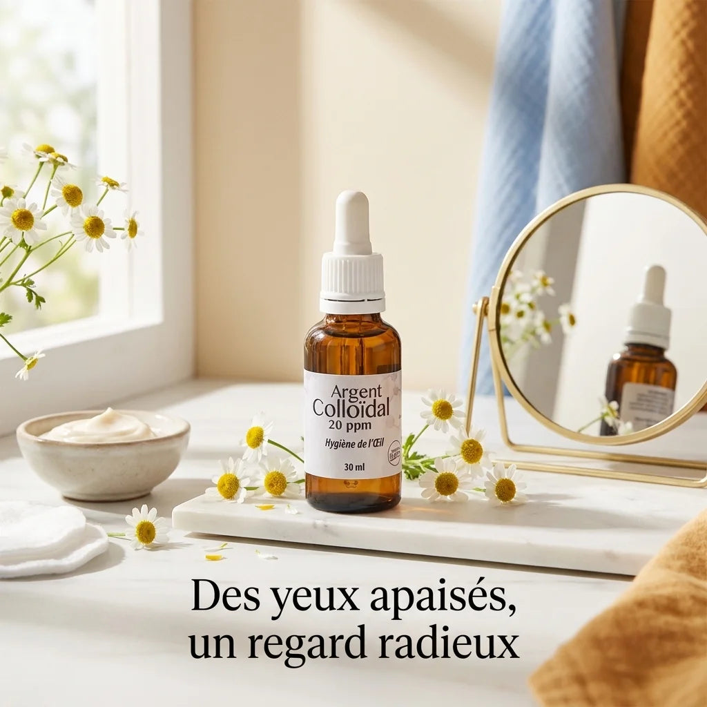 Argent Colloïdal 20ppm Dr. Theiss pour hygiène oculaire avec fleurs de camomille et miroir