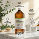 Argent colloïdal bio 20 ppm Dr.Theiss 1L certifié, bouteille ambre sur marbre avec labels pureté naturelle
